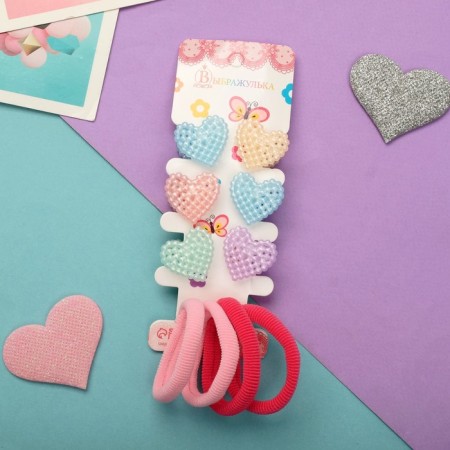 Hair set "Bead" (4 elastic bands, 6 crabs) hearts, 2 cm, mix