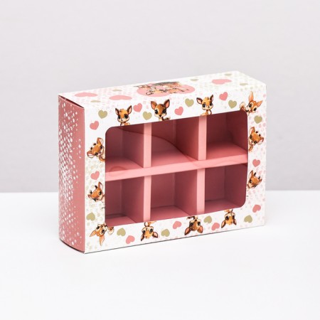 Box for sweets 6 pcs, white-pink "deer", 13.7 x 9.85 x 3.86 cm