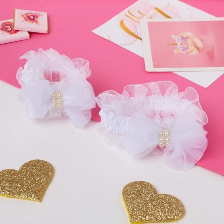Hair elastic band "Ryushi" (set 2 pcs) bows with beads, white-1