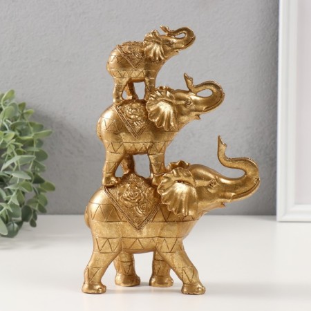 Souvenir Polystone "Pyramid of 3 elephants" Gold 6.5x15.5x24 cm-3