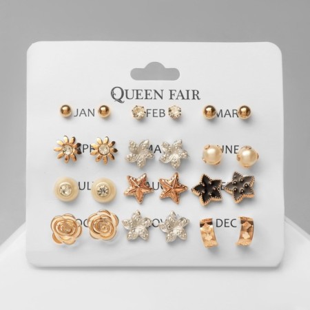 Pusets 12 pairs "Fantasy" flowers and stars, white color in gold