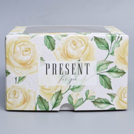 Capcake box, confectionery packaging with a window, 4 cells "White Roses", 16 x 16 x 10 cm-2