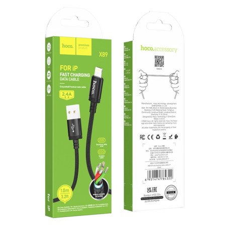 Hoco X89, Lightning cable - USB, 2.4 A, 1 m, woven wire, black-4