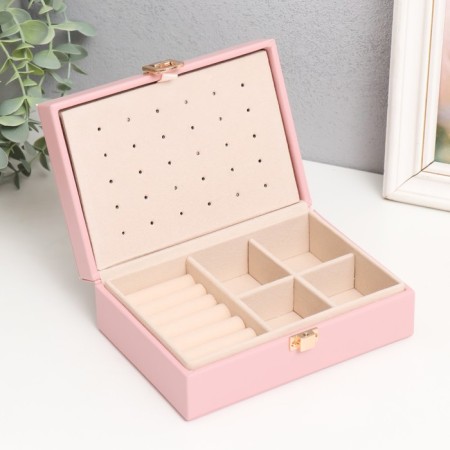 Casket to the leatherette for jewelry "Matte surface. Rectangular" Pink 16x11.5x5.5 cm-2