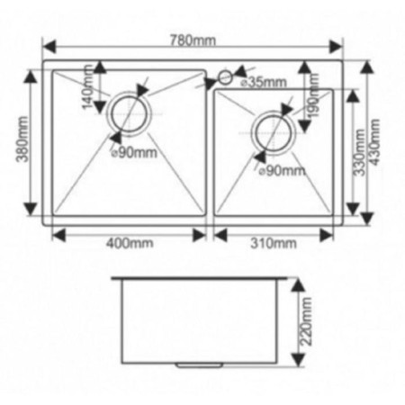 Kitchen sink Gerhans K37843-S, Slear, double, 780x430x220 mm, with siphon, S = 3.0 and 0.8 mm, glossy-8