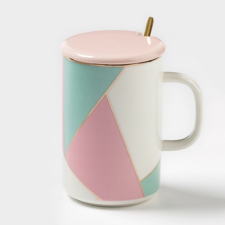 Ceramic mug with a lid and a spoon "Anabel", 350 ml, Mix drawing-3
