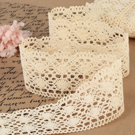 Knitted lace, 70 mm × 15 ± 1 m, beige color