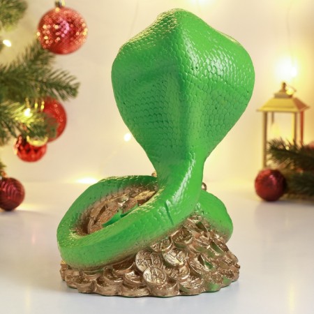 New Year. Symbol 2025. Figure "Snake of a cobra on money with a toad" 25x18cm, green-2