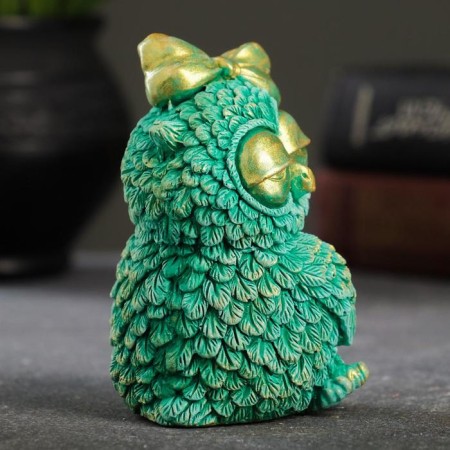 Figure "Owl with a bow" turquoise with gilding, 7x9x7cm-3