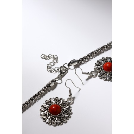 Set 2 objects: earrings, necklace "India", red color in black silver, 52 cm-4