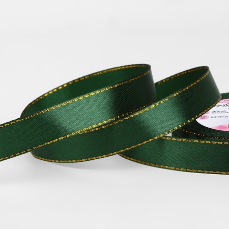 A satin ribbon "Golden threads", 15 mm × 23 ± 1 m, green color No. 049