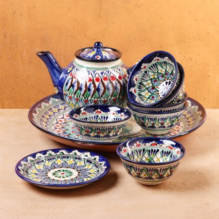 Tea set of 9 objects Rishtan ceramics (kettle 0.8l, bowls- 0.2)-8