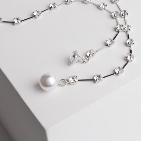 The necklace with pearls “chain” improvisation, ball No. 8, white color in silver, l = 40 cm-1