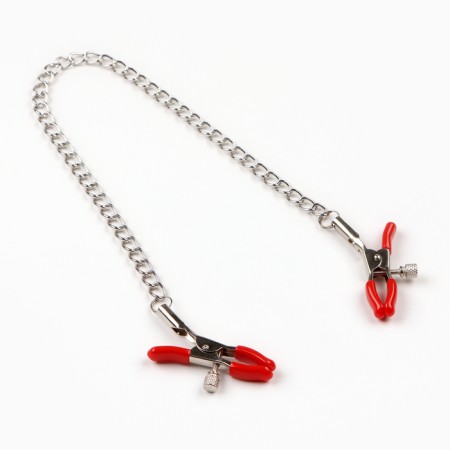 BDSM Assessoir Okpoki, clamps for nipples with a chain, metal, red-1