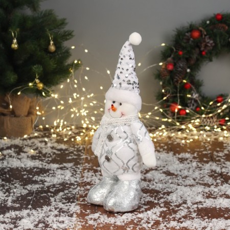 Soft toy "Snowman in a shiny cap" 38x19 cm, silver-white-3