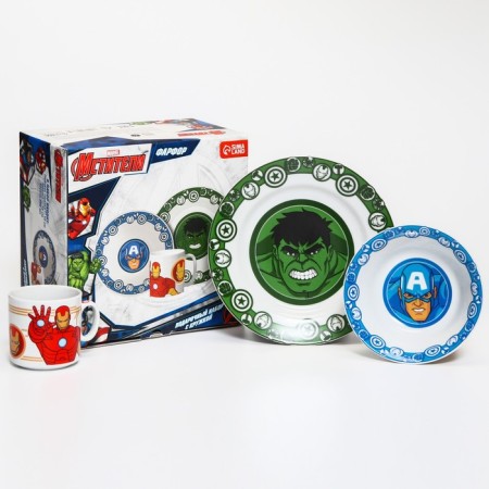 A set of ceramic dishes, 3 objects: plate Ø 16.5 cm, bowl Ø 14 cm, mug 200 ml, Avengers, Marvel