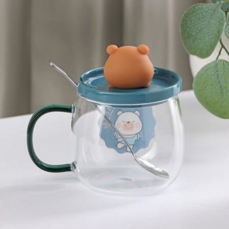 Glass mug with a ceramic lid and a spoon of Teddy, 350 ml-2