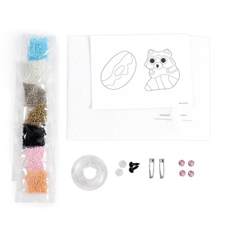 Beadwork. Brooch "Raccoon and Donut", a set for creativity