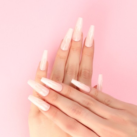 Flame overhead nails, 24 pcs, adhesive plates, ballerina shape, glossy pink/white color-6