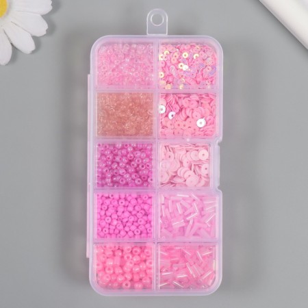 Glass beads 6/0, 12/0 in the box "pink" glass and sequins 12.5x6.5x2 cm-3