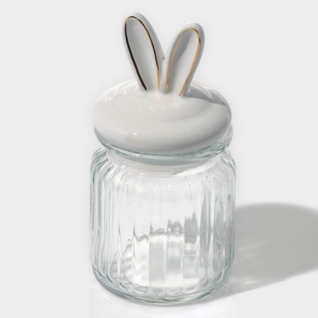 Glass Bank for bulk products with a ceramic lid of the bunny in gold, 230 ml