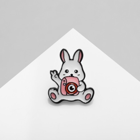 Bunny icon with a camera, white-pink color in ferrous metal-1