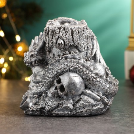 Skull "Skull with a snake" 11x11x11cm, silver-2