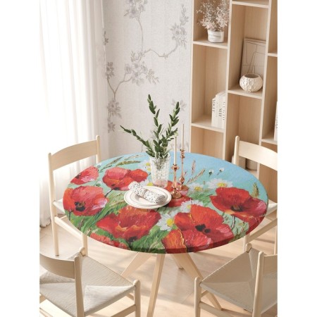 Tables on the table “Composition with poppies and daisies”, round, oxford, elastic band, size 140x140 cm, diameter 105-120 cm-1