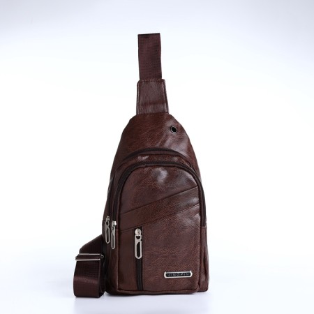 Male sling bag, artificial leather, headphone opening, brown color-1