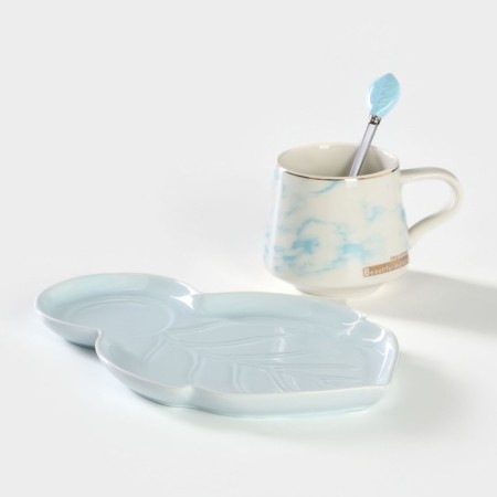 Tea couple ceramic "leaf", 3 objects: a cup 320 ml, a saucer 25.5 × 16 cm, a spoon, the color of the blue-2