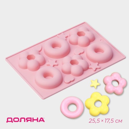 The form for baking the share "Sweets. Donut and chamomile ”, silicone, 25.5 × 17.5 cm, 6 cells, color mix
