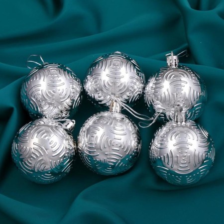 Set of balls plastic D-6 cm, 6 pcs "Volumetric bows" silver