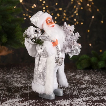 Santa Claus "in a high cap, in a strap and with a bag" 30 cm, silver-white-1