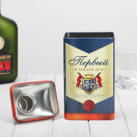 Box tin in the shape of a bottle for strong alcohol "First"-1