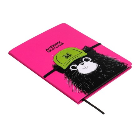 School diary for grades 1-11 "cat in a cap", firm cover with artificial leather foam, application, silk-screen water, 48 sheets, an offset block 80g/m2, universal cheat sheet-1