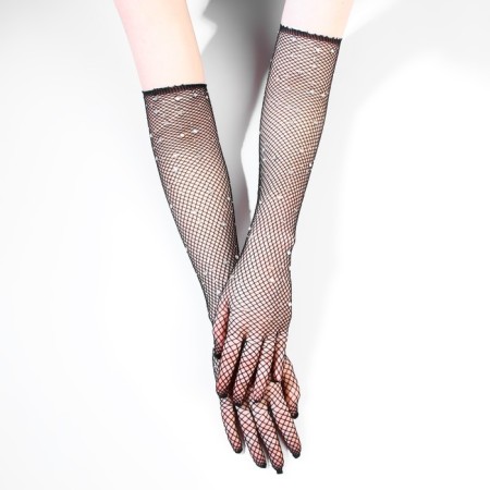 Carnival gloves, black color with rhinestones, long-2
