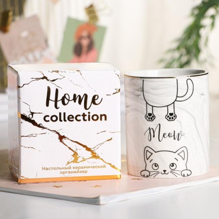 Organizer for the office, ceramic, meow, gray, 8 x 9.5 cm-4