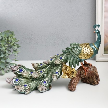 Polystone souvenir "Peacock with green feathers with gold stroke on the snag" 32x14x20.5 cm
