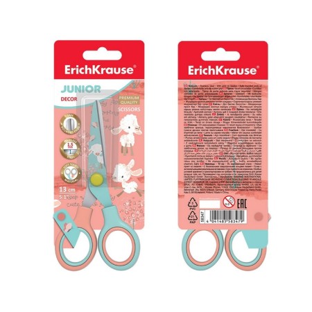 Baby scissors 13 cm, Erichkrause Junior Decor Curly Sheep, with a print on blades, rounded ends, blister-4