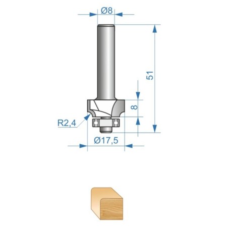 Clesteric Enkor Prof 46231, Kav one, on wood, D = 8 mm, r = 2.4 mm, 17.5 x 8 mm 1032106-3