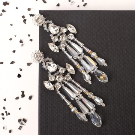 Hanging earrings with rhinestones "Dolce Vita" shine, white-golden color in silver-1