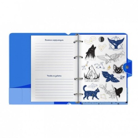 A notebook on rings A5 120 sheets in the Lorex "Neon. Blue" cage, with a change of block, a plastic cover, with stickers-2