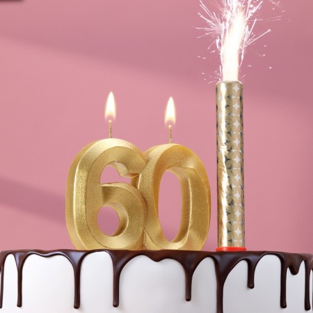 Candle in the cake jubilee "Face + Fountain", number 60, gold metallic, 6.5 cm