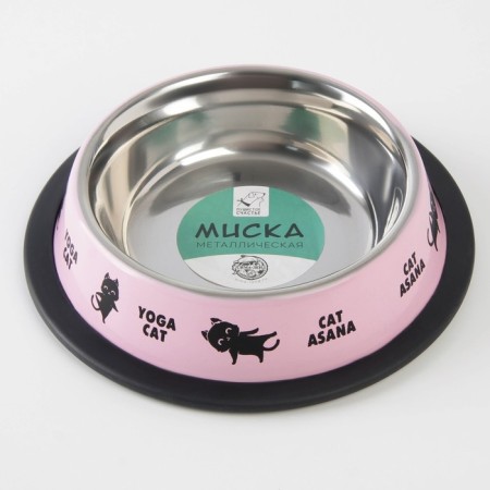 Metal bowl for a cat with a non -slip base Yoga Cat, 235 ml, 15x3.5 cm-3