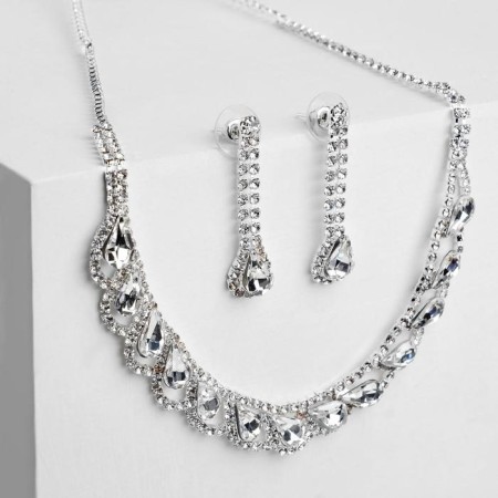 Set 2 objects: earrings, necklace “leafopad” drops, white color in silver, 45cm