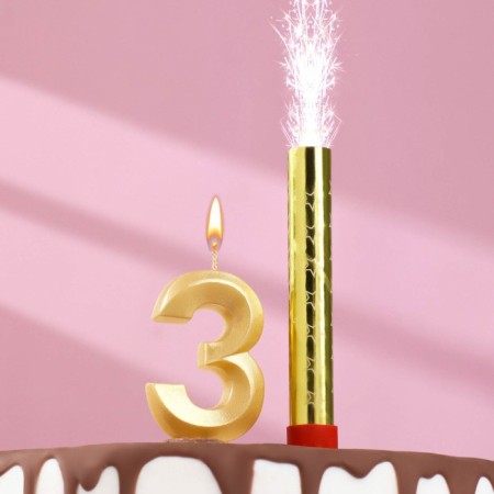Candle for cake the number "Gran + Fountain" Golden "3"