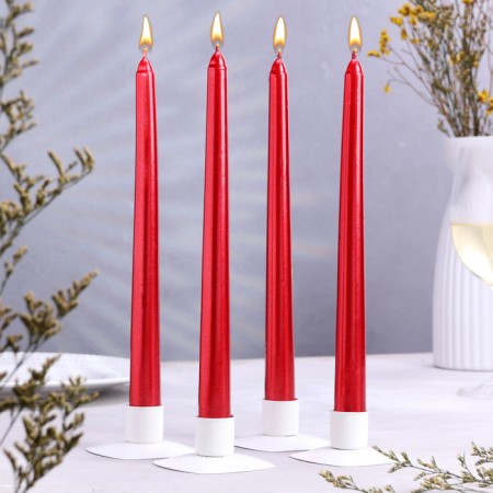 Antique candle, 2.3x 25 cm, 4 pcs, varnished, red metallic