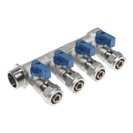 Collector "STM", 3/4 "x16 mm, 4 outputs, with ball valves, for m/n pipes, nickel.