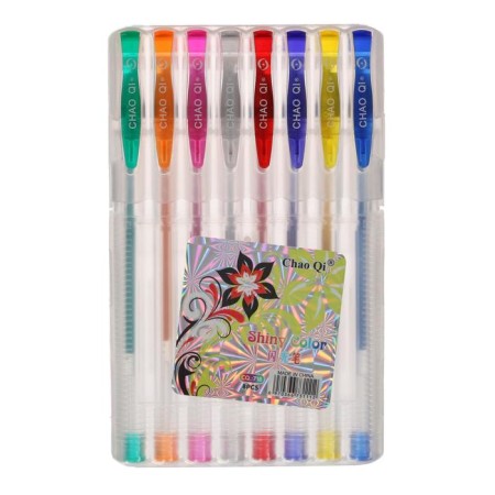 A set of gel pens, 8 colors, in a plastic box