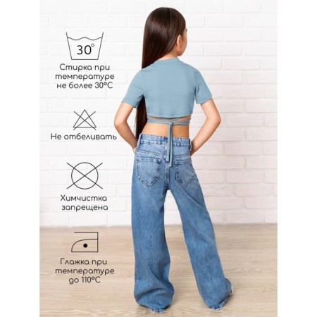 TOP for a girl with short sleeves on Generation ties, height 128 cm, blue color-3